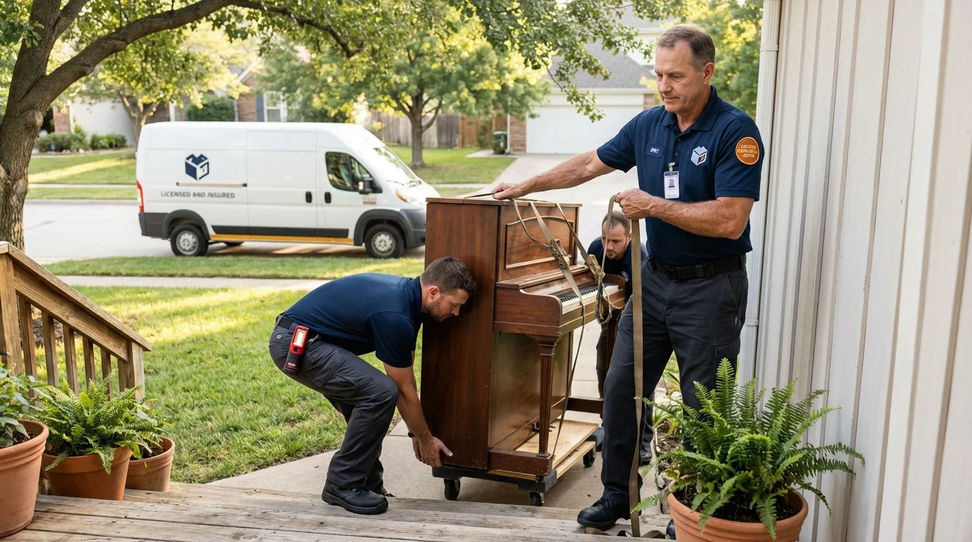 Licensed piano movers securing grand piano in Greenwood, MS