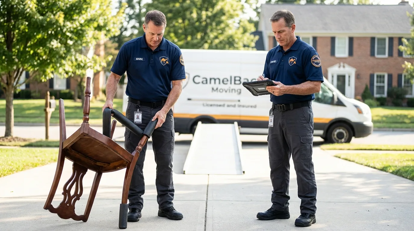 Movers inspecting furniture for damage prevention before loading in Greenwood, MS