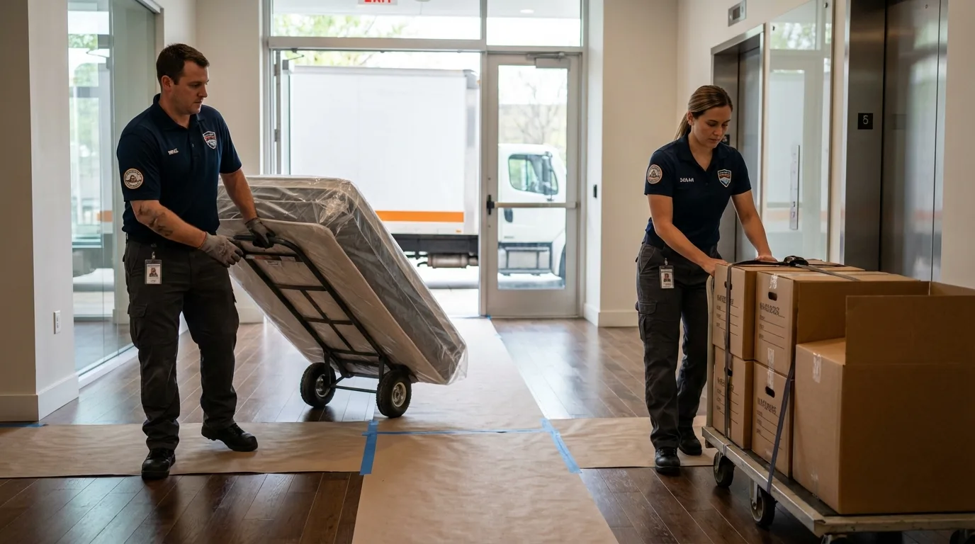 Professional apartment movers loading elevator in Greenwood, MS